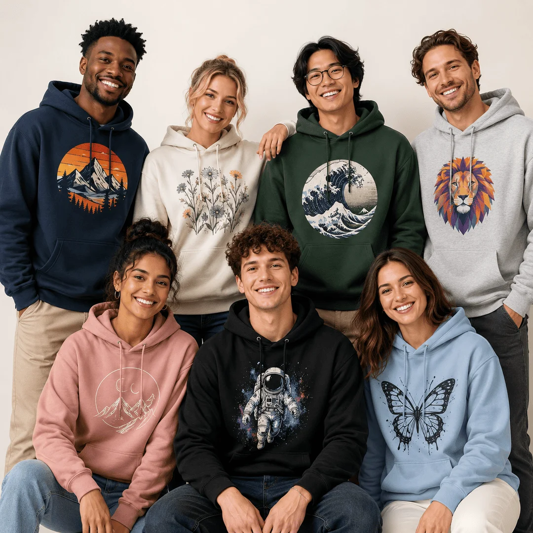 Group wearing custom printed hoodies