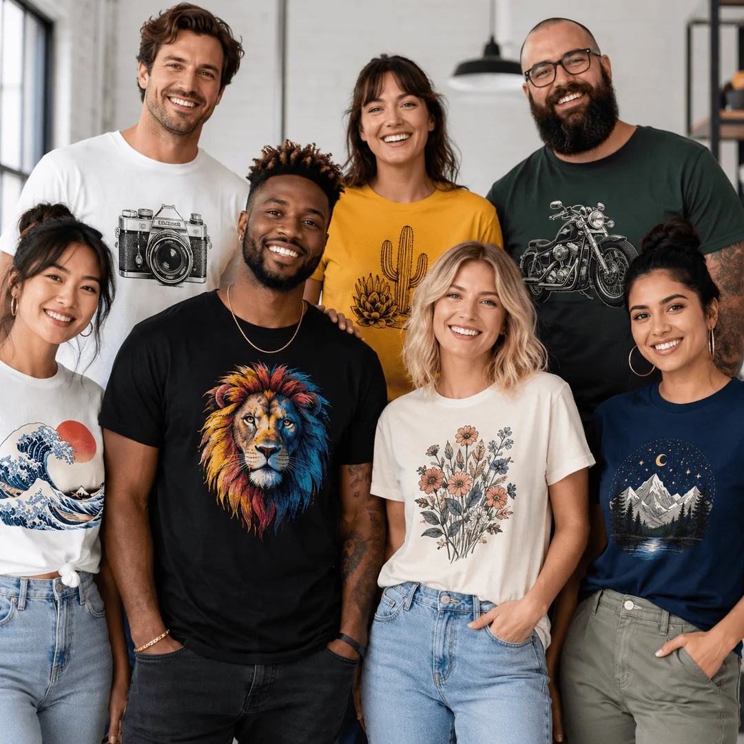 Group in custom printed t-shirts